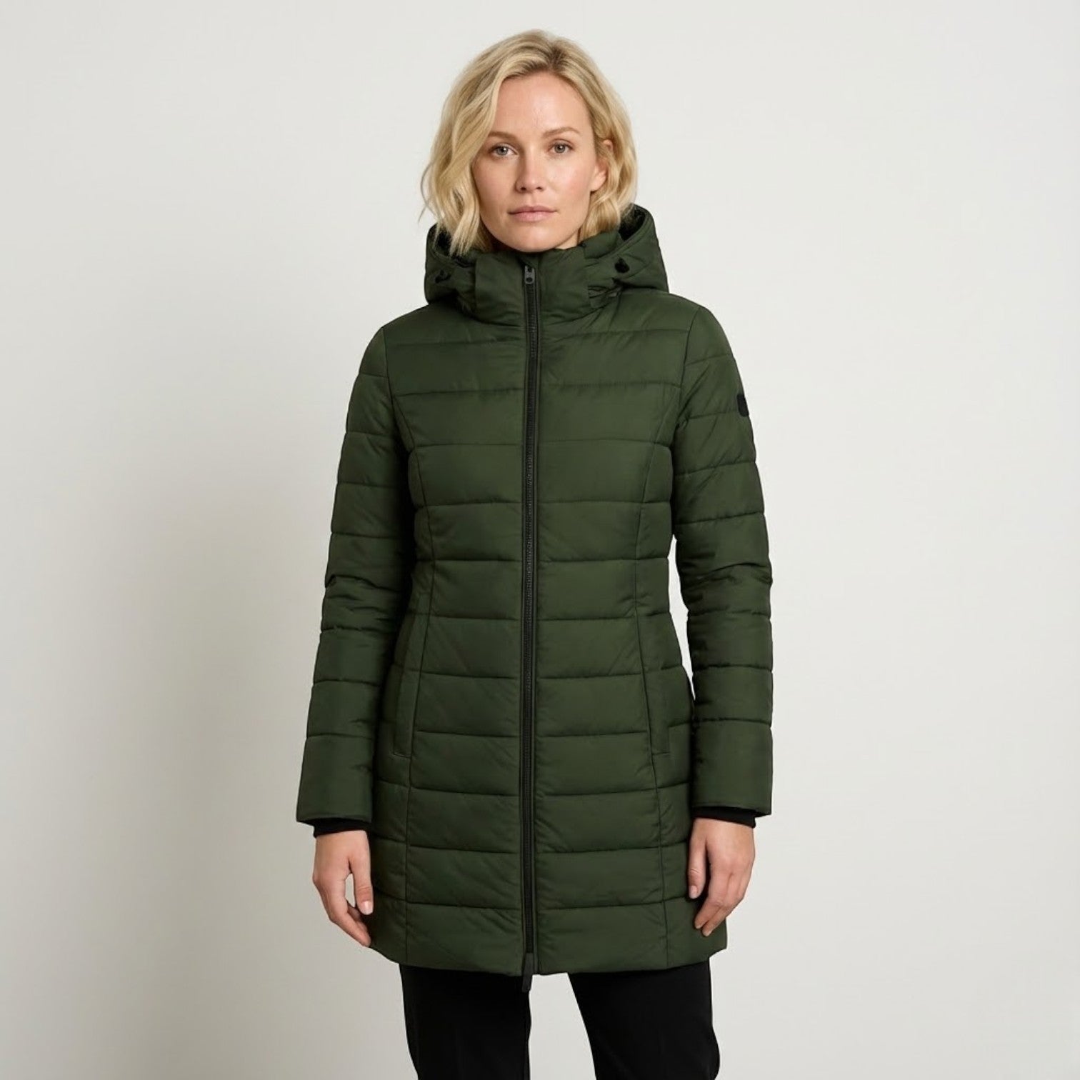 Women's cotton quilted puffer coat elegant long silhouette lightweight insulation city winter wear