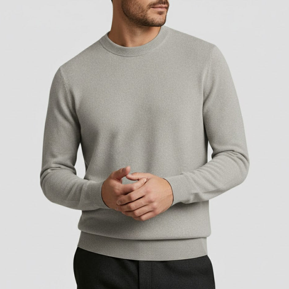 Men's fine wool knit crew neck sweater classic fit ribbed detailing lightweight winter elegance