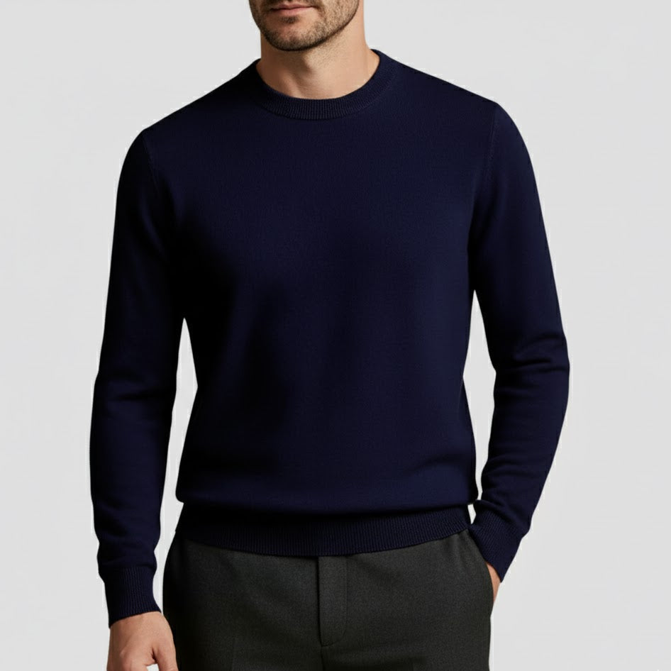 Men's fine wool crew neck sweater classic fit ribbed texture natural warmth winter elegance