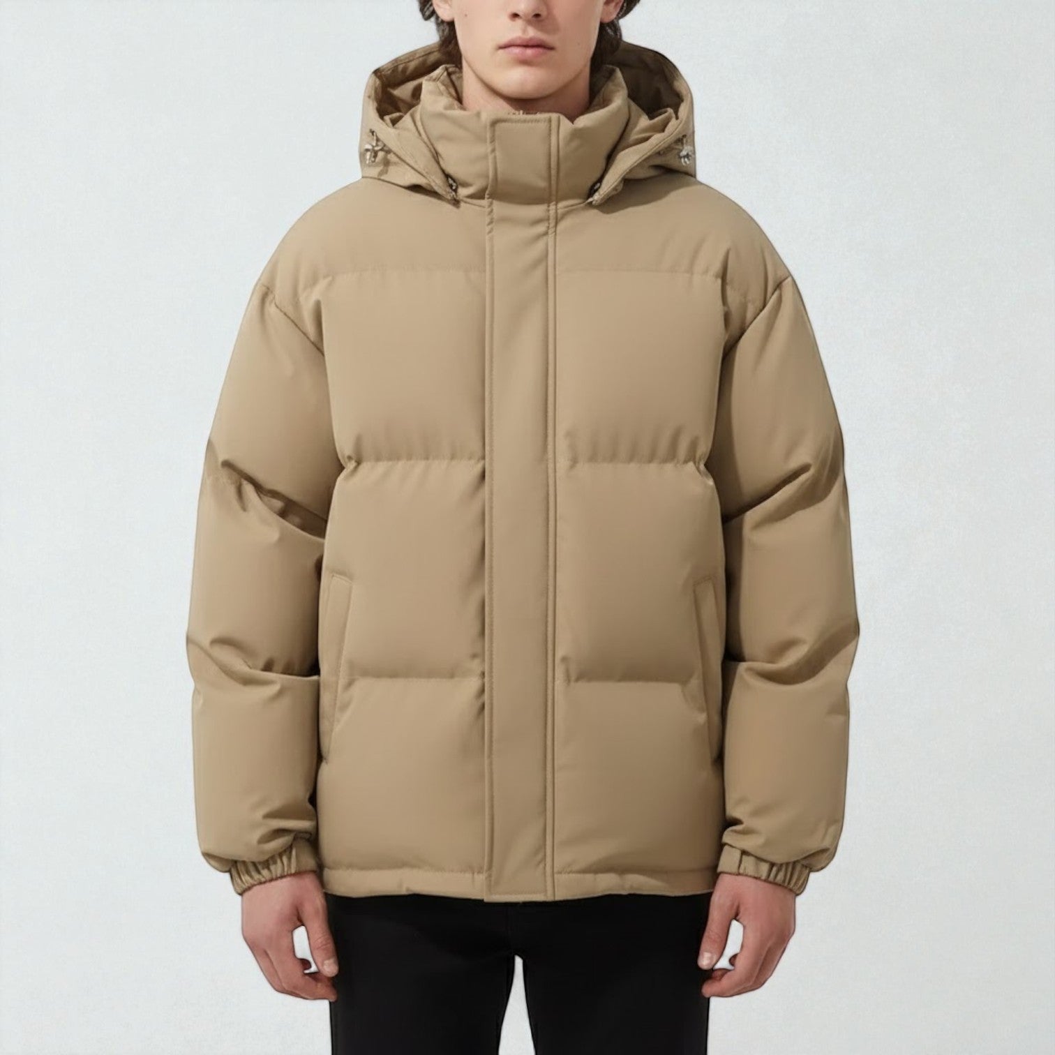 Men's cotton puffer jacket with integrated hood, thick insulation, modern silhouette for cold weather