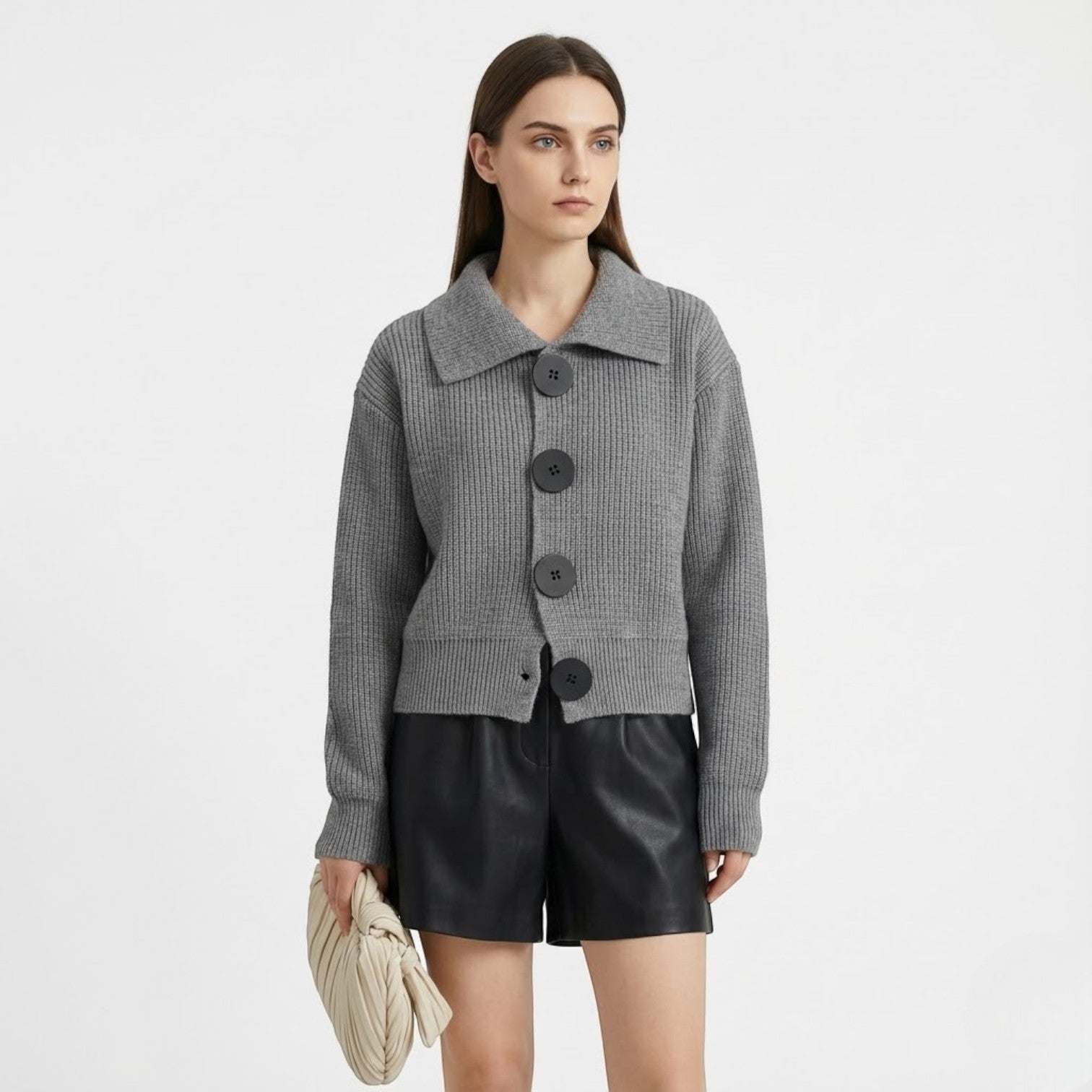 Women's wool cardigan short cropped structured silhouette soft textured cozy city-ready winter essential