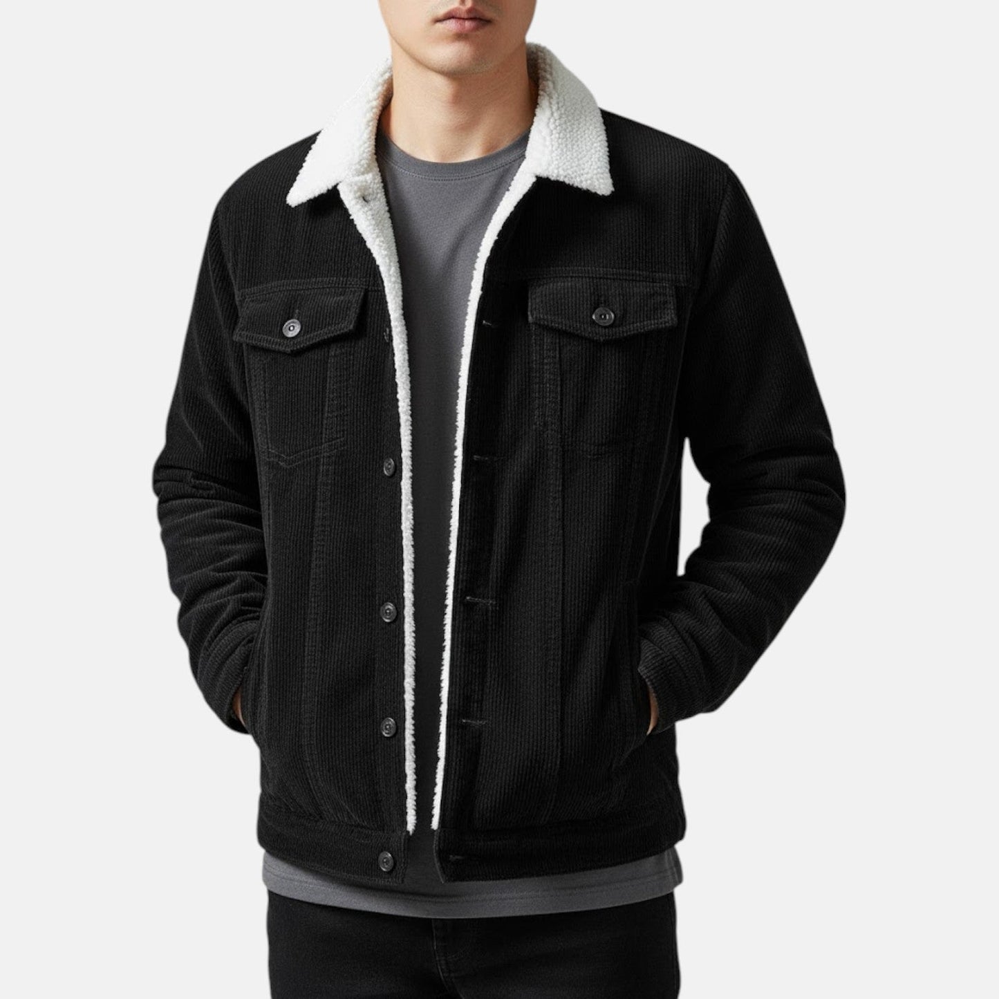 Men's brown corduroy jacket with plush teddy fleece lining, relaxed casual fit for winter warmth
