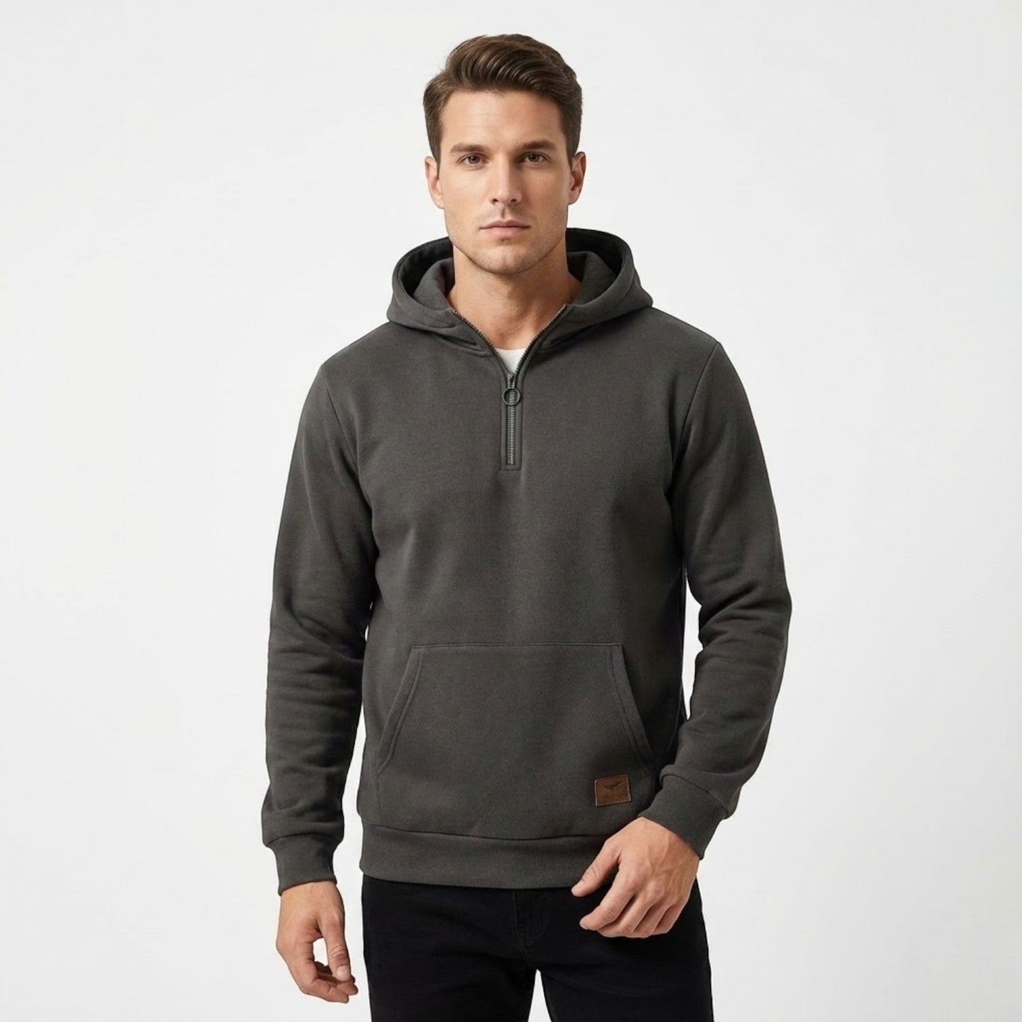 Men's regular fit cotton full-zip hoodie in neutral winter tone, slightly loose for effortless layering