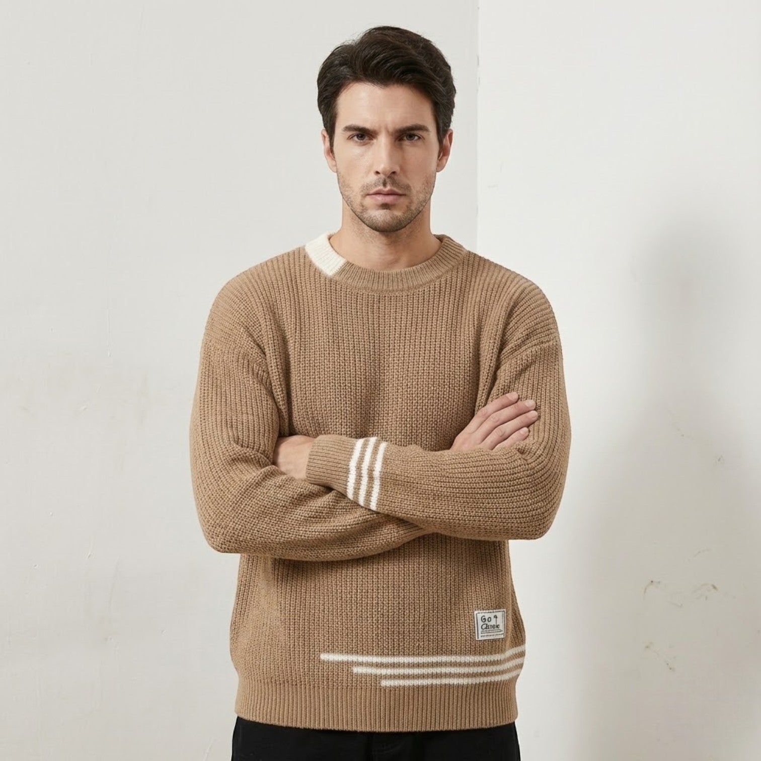 Men's cotton knit sweater relaxed draped fit distinctive textured pattern casual winter style