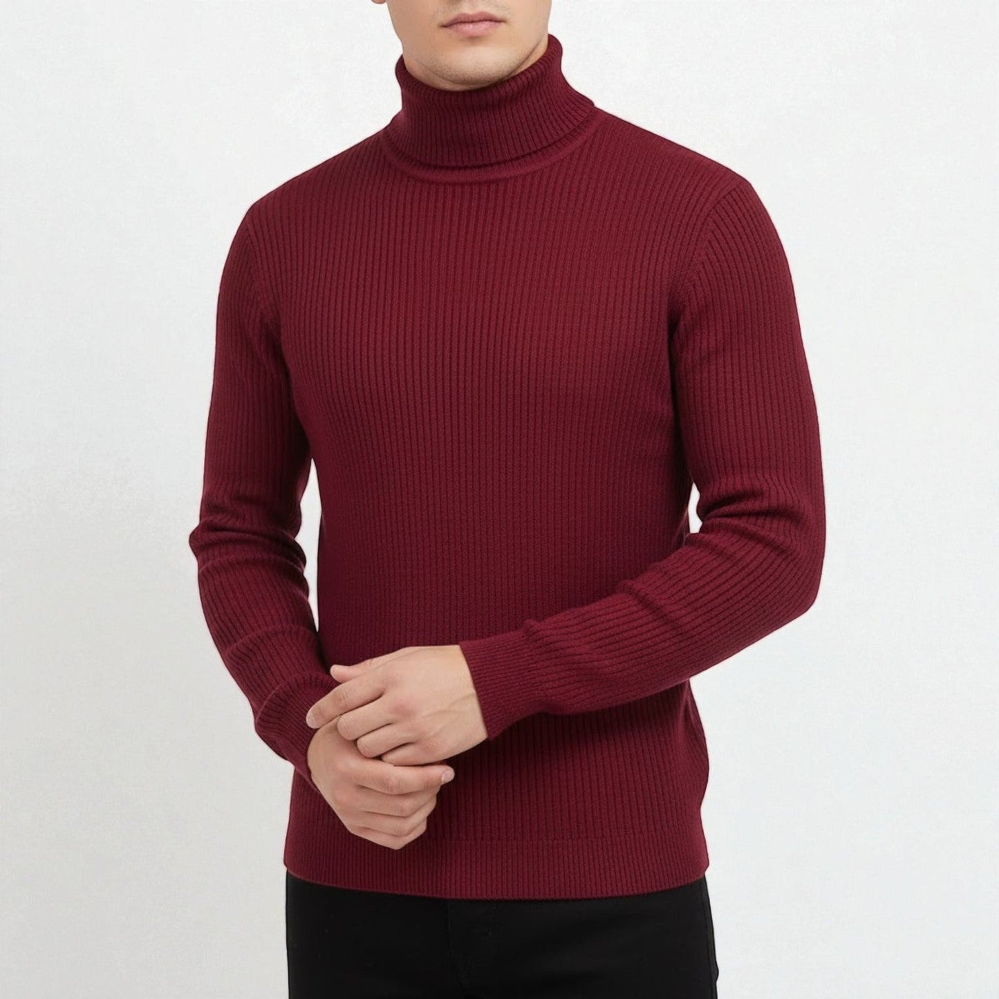 Men's gray cotton turtleneck sweater slim regular fit cozy knit office city style