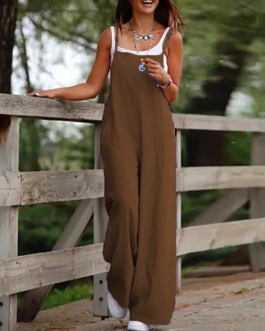Nora beige women's jumpsuit, sleek one-piece silhouette with clean lines for everyday and occasion wear