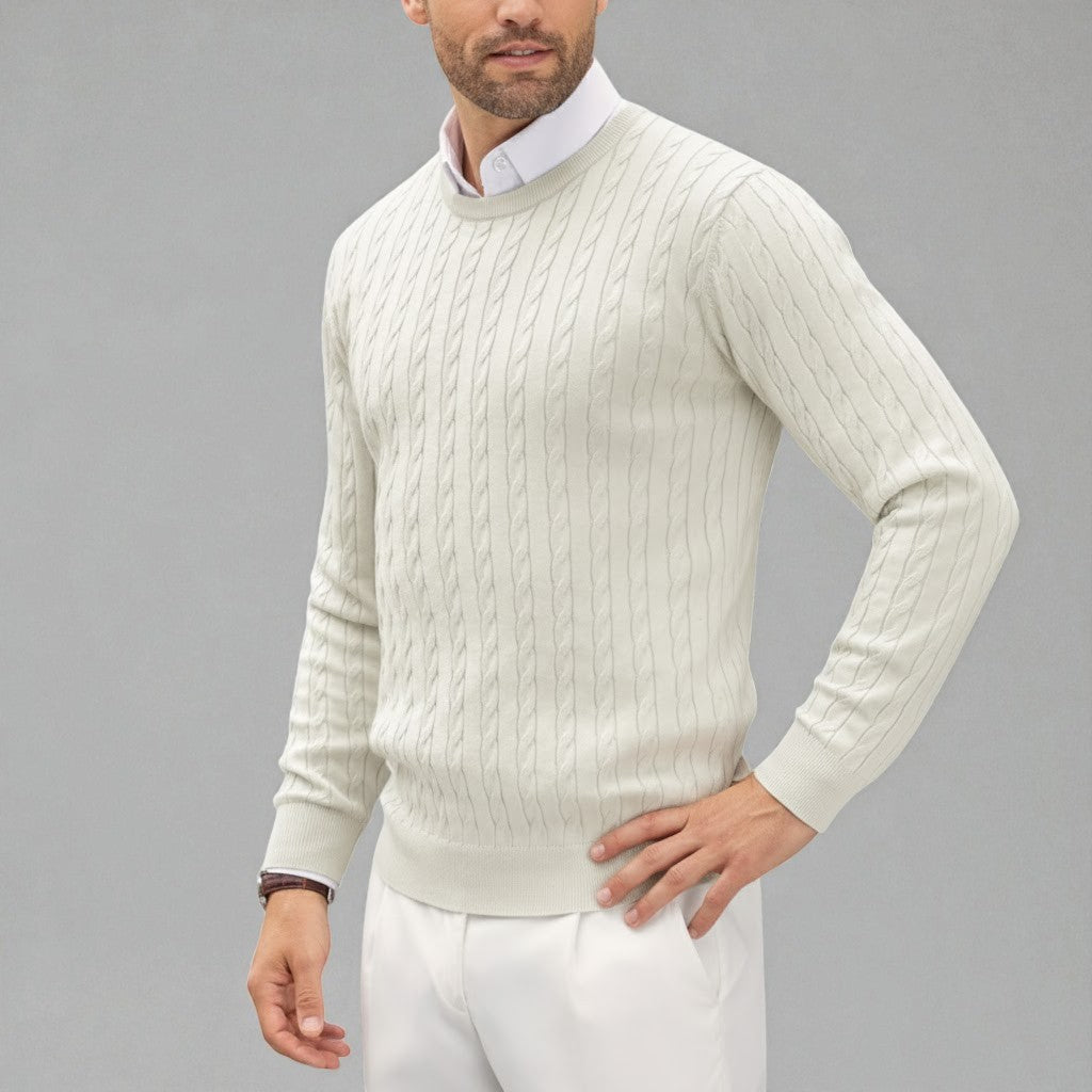 Men's cream cable knit sweater classic cozy cut with textured pattern for cold weather warmth