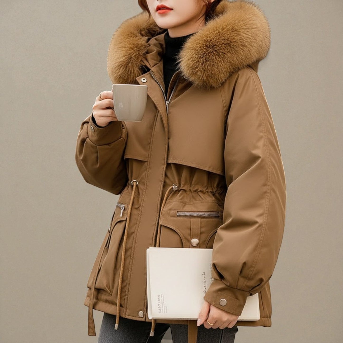 Women's long cotton down jacket with removable collar, elegant winter silhouette in warm neutral tone