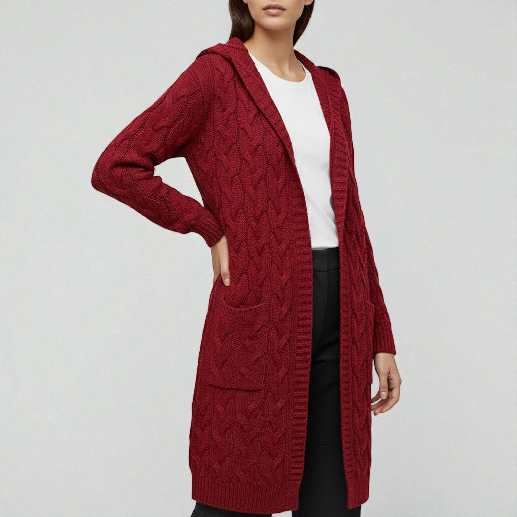 Women's long open-front cable knit cardigan in neutral tone with textured pattern for winter layering