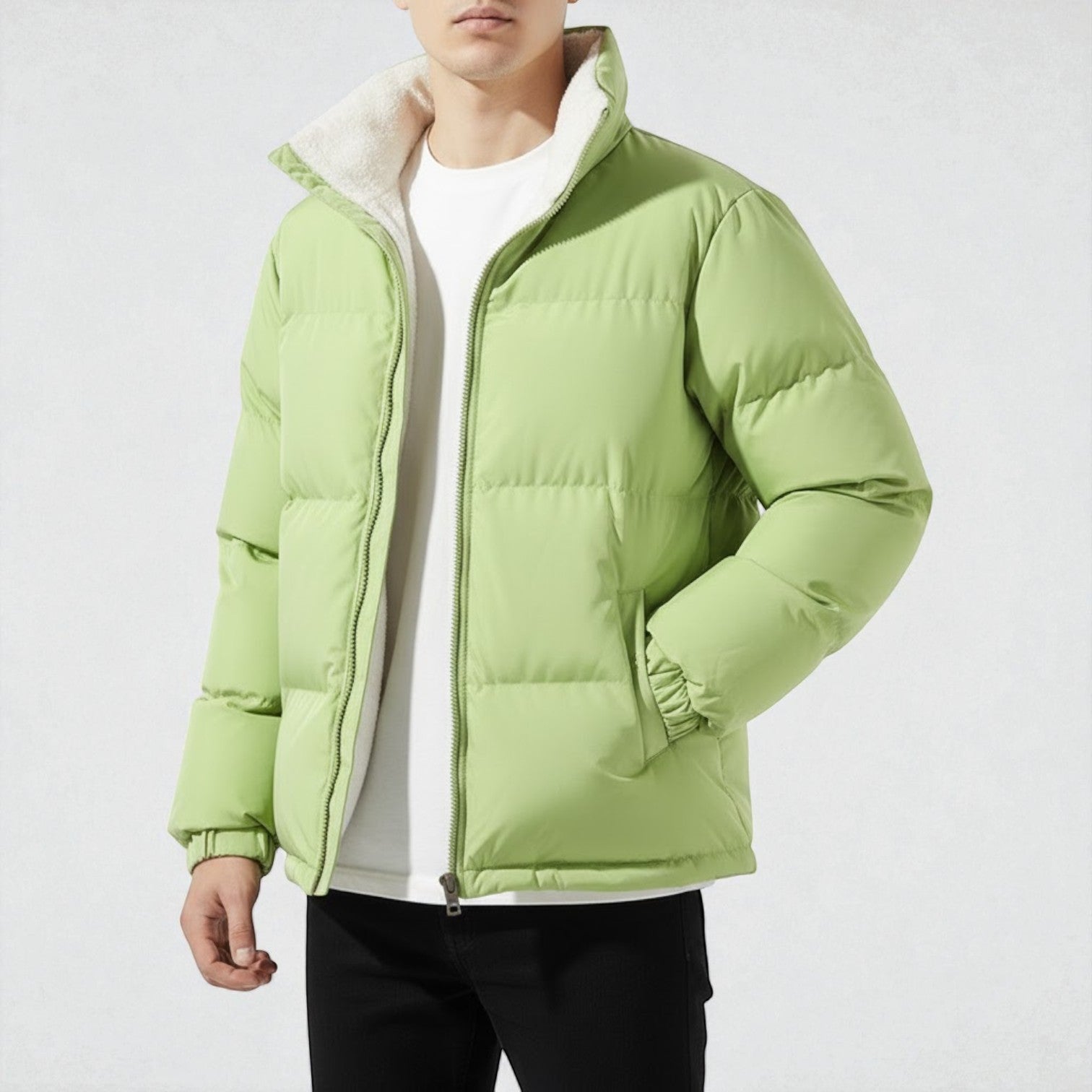 Men's black quilted puffer jacket relaxed fit with fleece-lined stand collar warm outerwear