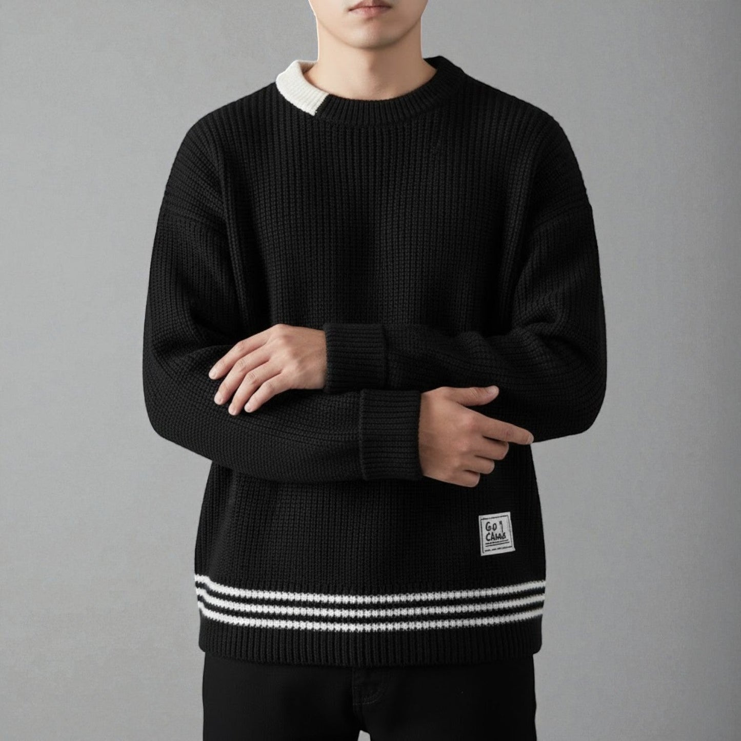 Lunaro men's cotton crew neck sweater in neutral tone, clean modern fit for office and city wear