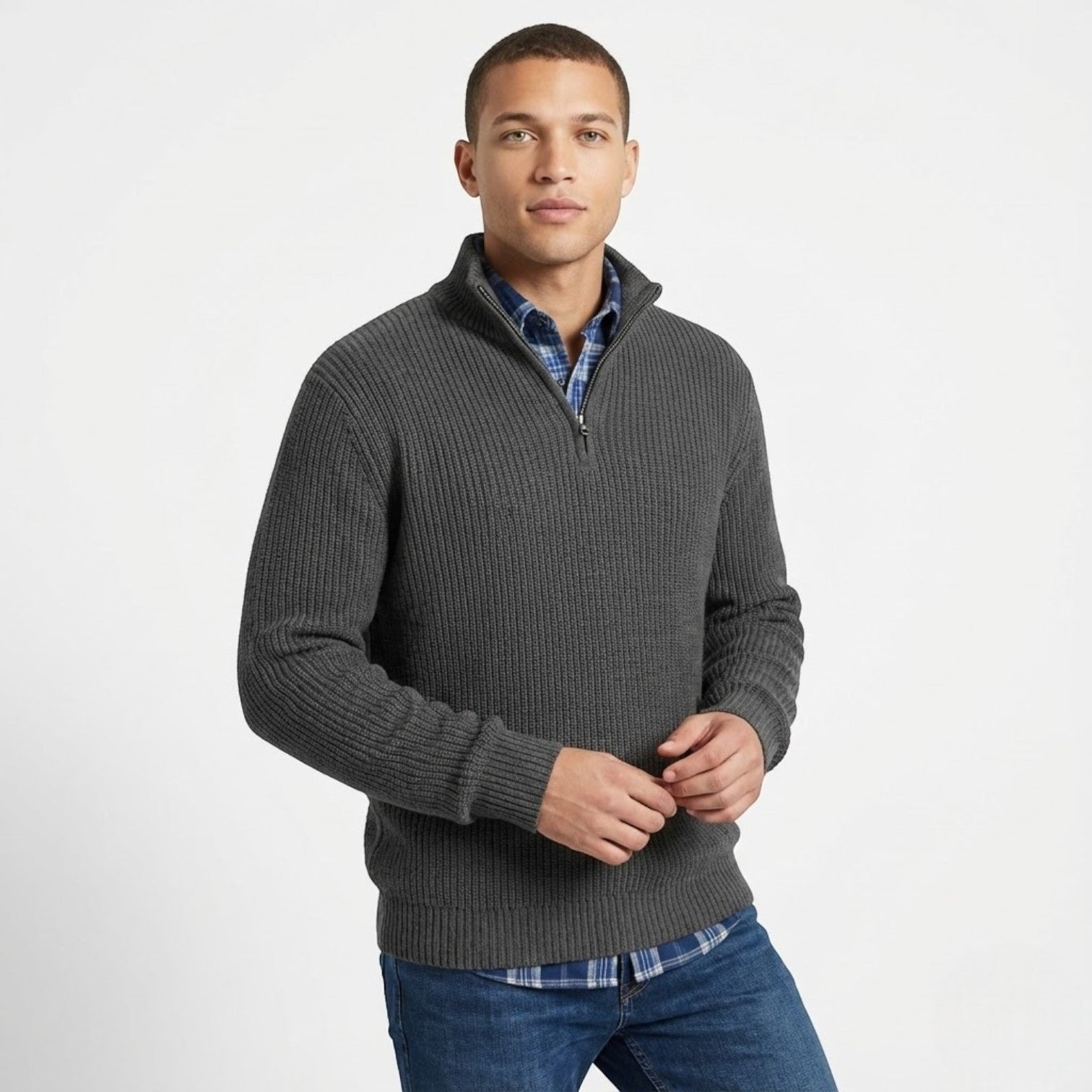 Men's wool business sweatshirt in neutral tone, regular fit with structured surface for polished winter style