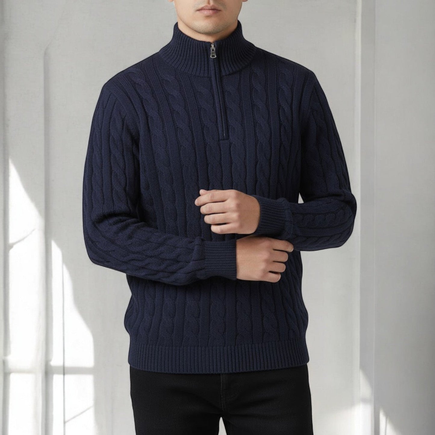 Men's cotton cable knit half-zip sweater in classic winter style with textured knit pattern