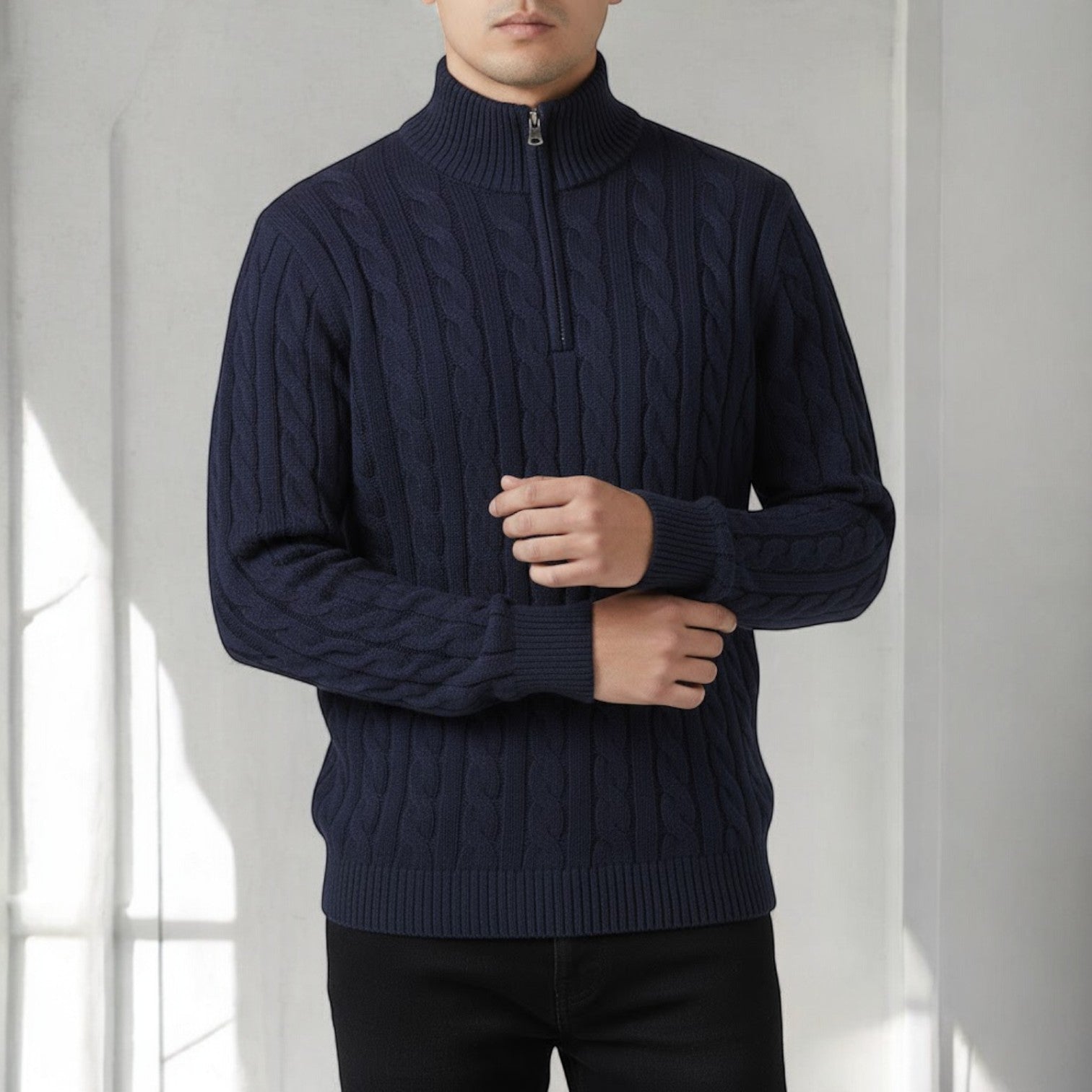 Men's cotton cable knit half-zip sweater in classic winter style with textured knit pattern