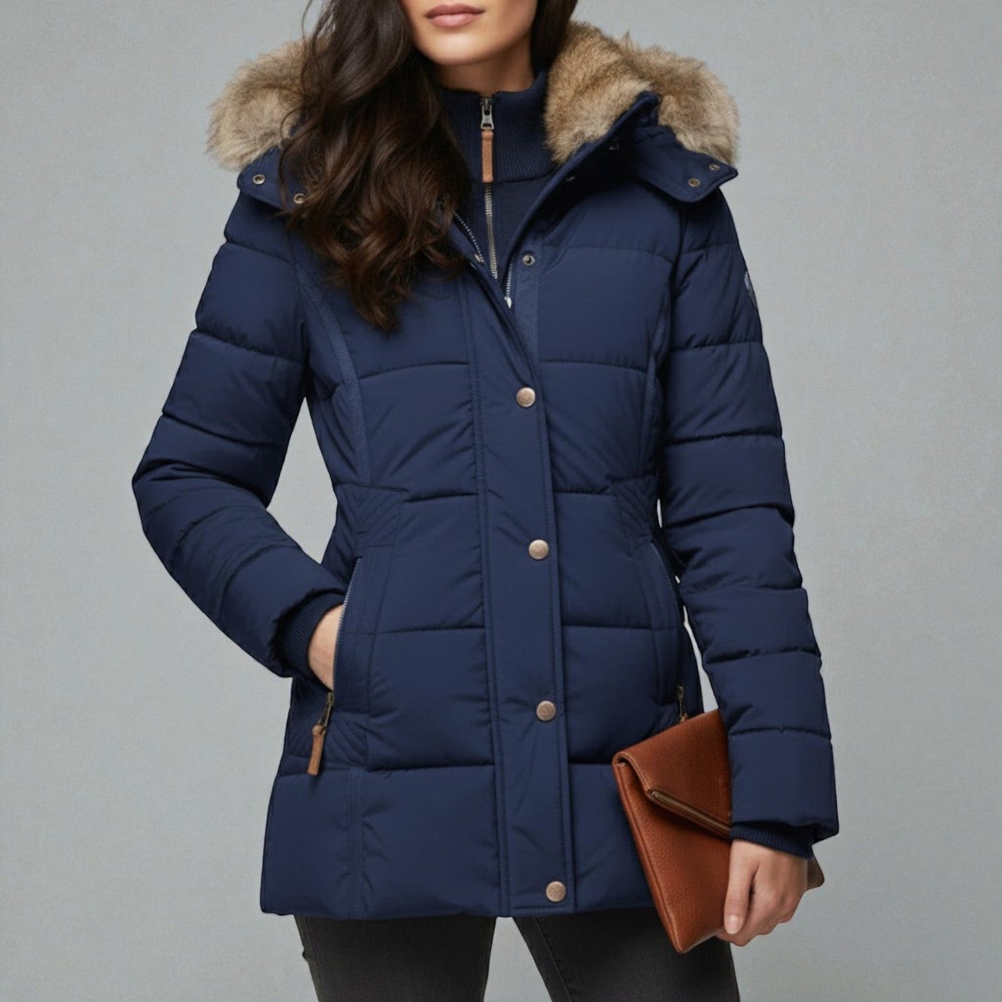 Women's olive green insulated parka coat with hood, elegant fitted silhouette for cold weather