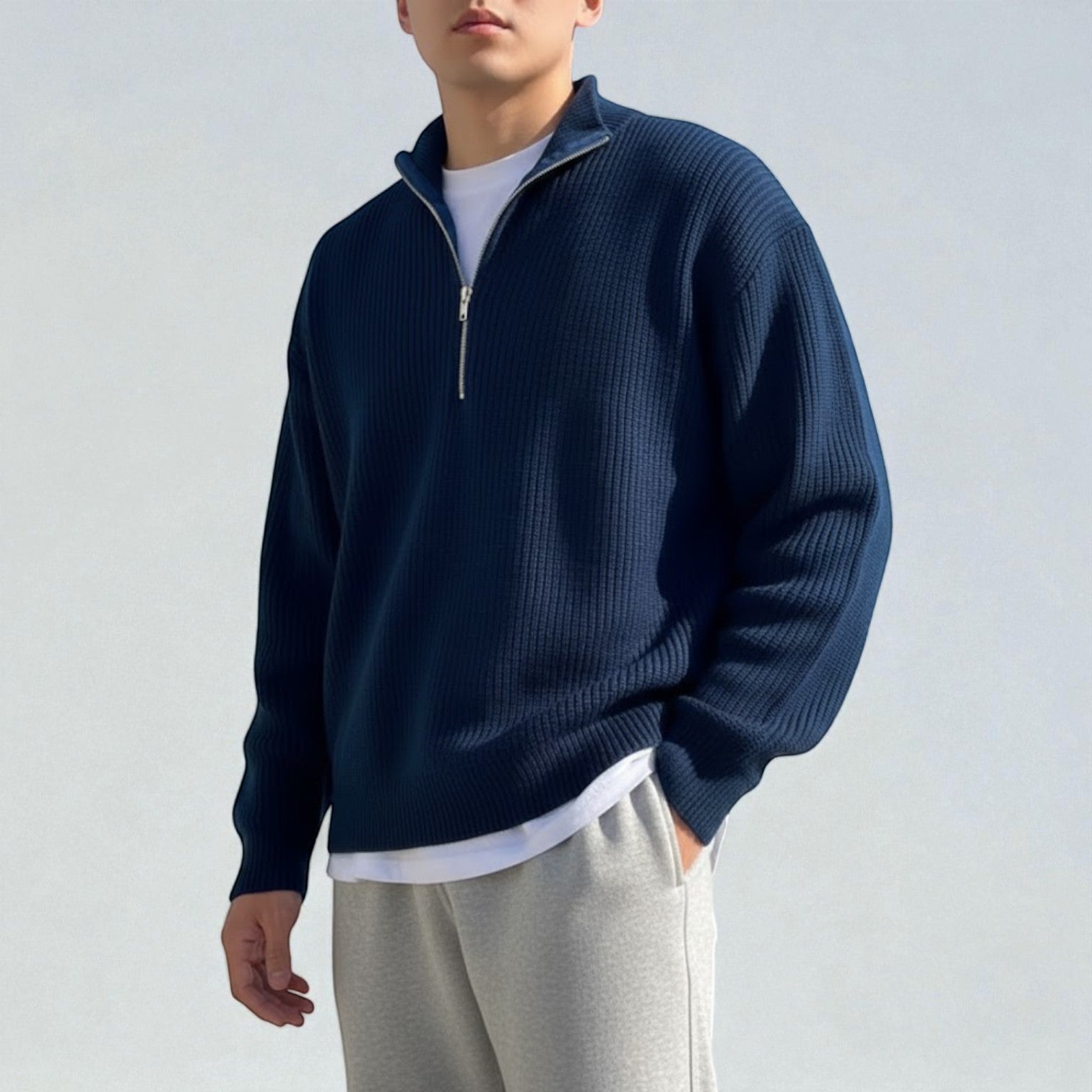 Sandro men's wool quarter-zip sweater in textured knit, modern slim cut for winter warmth