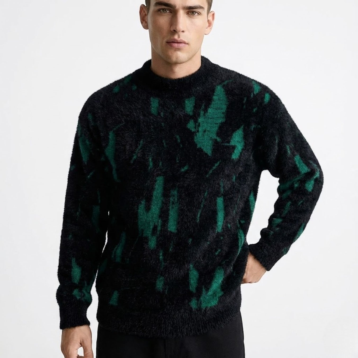 Men's wool sweater modern fit with distinctive textured pattern, available in gray, beige, white, and black