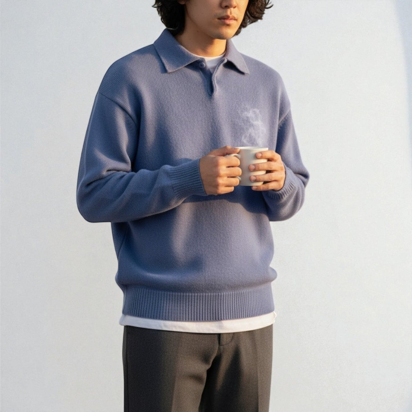 Men's soft cotton polo collar sweater structured knit winter essential in neutral tone