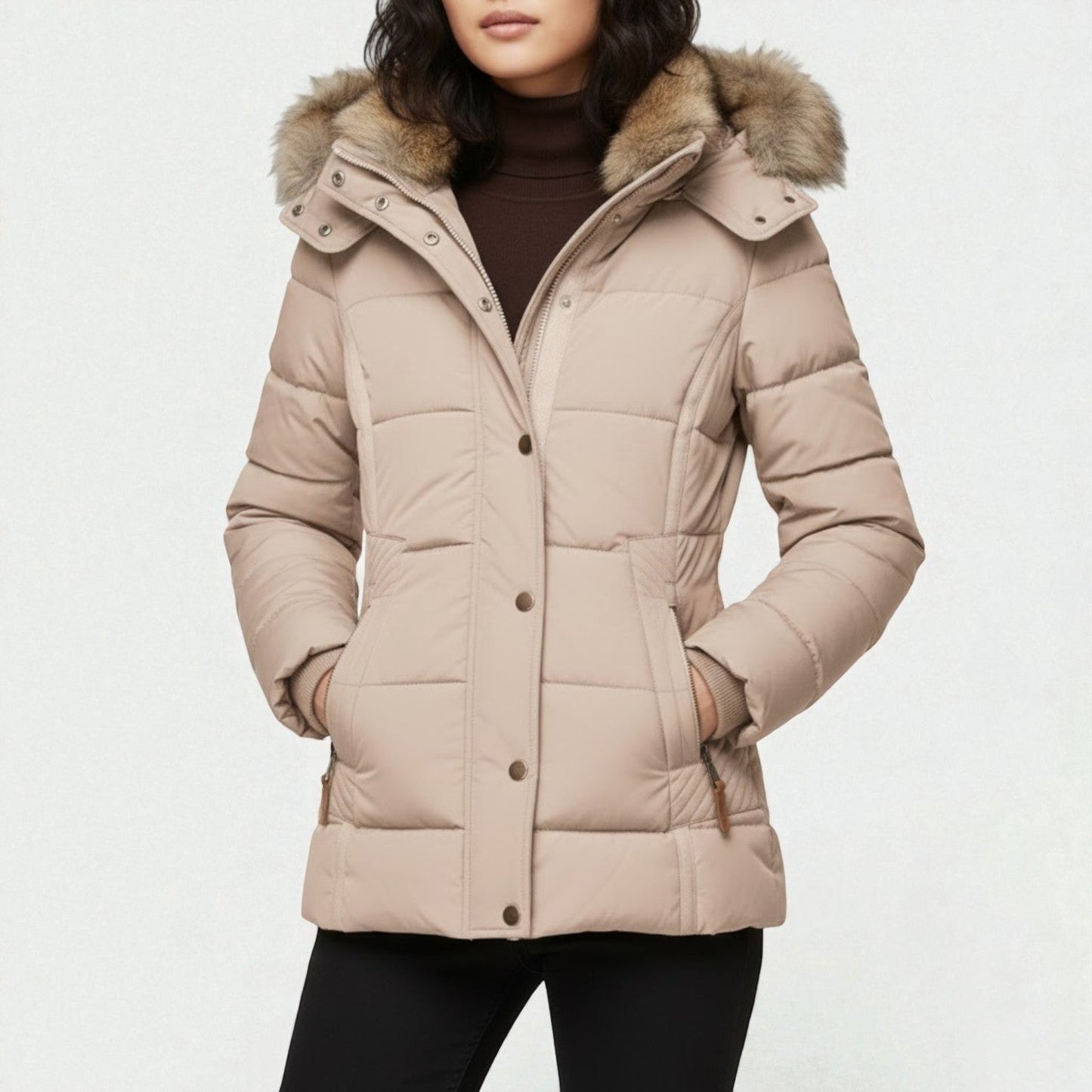 Women's insulated parka coat with hood, elegant fitted silhouette, durable fabric for cold weather