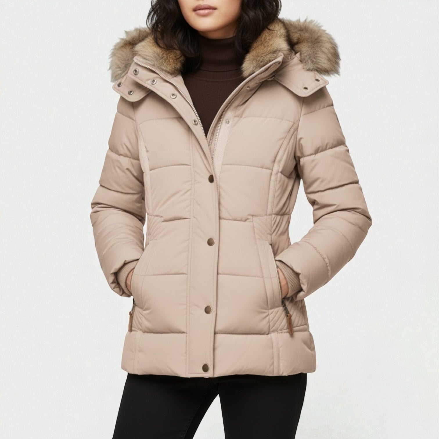 Women's insulated parka coat with hood, elegant fitted silhouette, durable fabric for cold weather