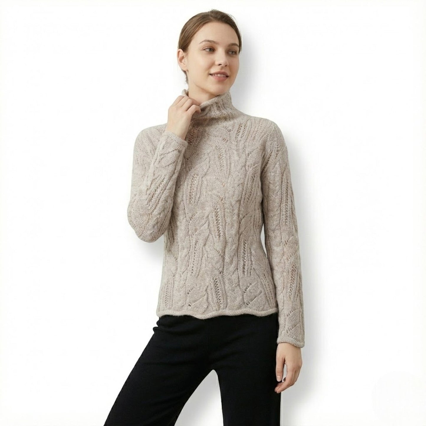 Women's beige blue cotton knit sweater regular fit with gentle textured surface for cozy winter style