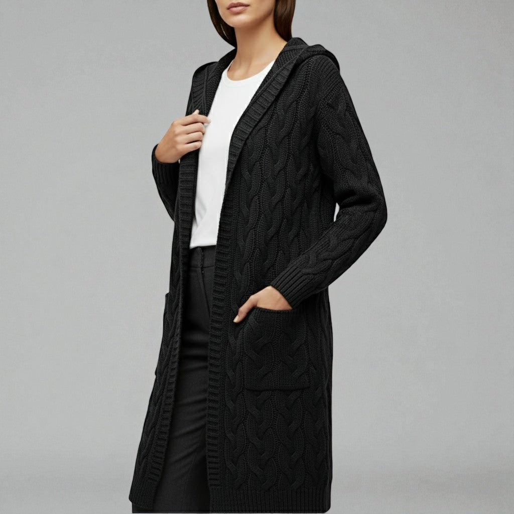 Women's cable knit long open-front cardigan in neutral tone with timeless textured pattern