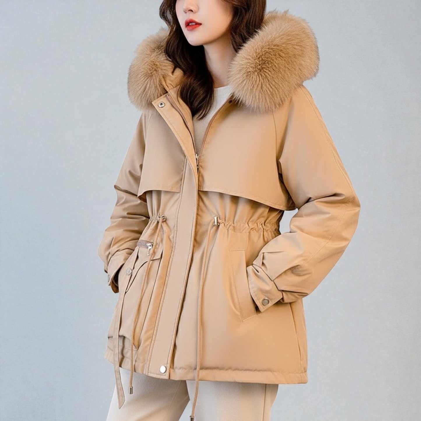 Women's long cotton down jacket with removable collar, elegant winter silhouette in warm neutral tone