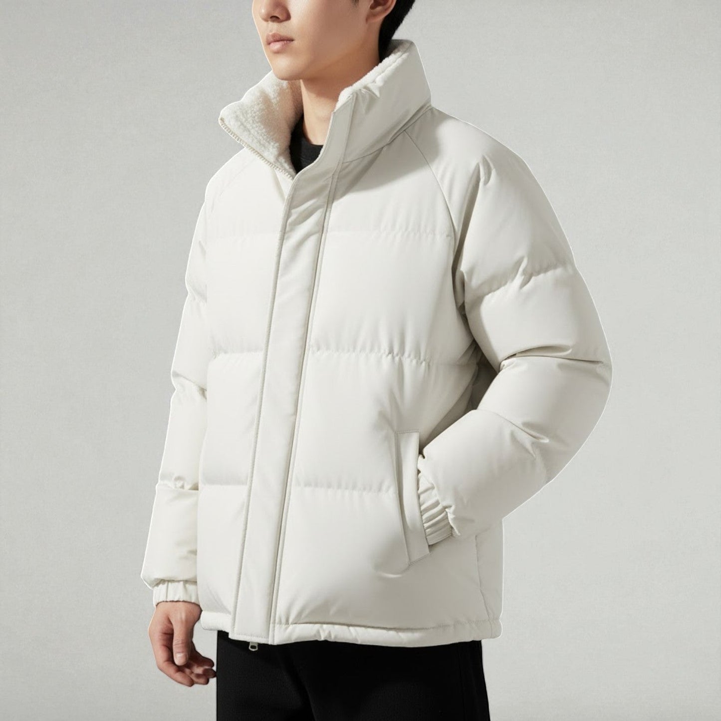 Men's black quilted puffer jacket relaxed fit with fleece-lined stand collar warm outerwear