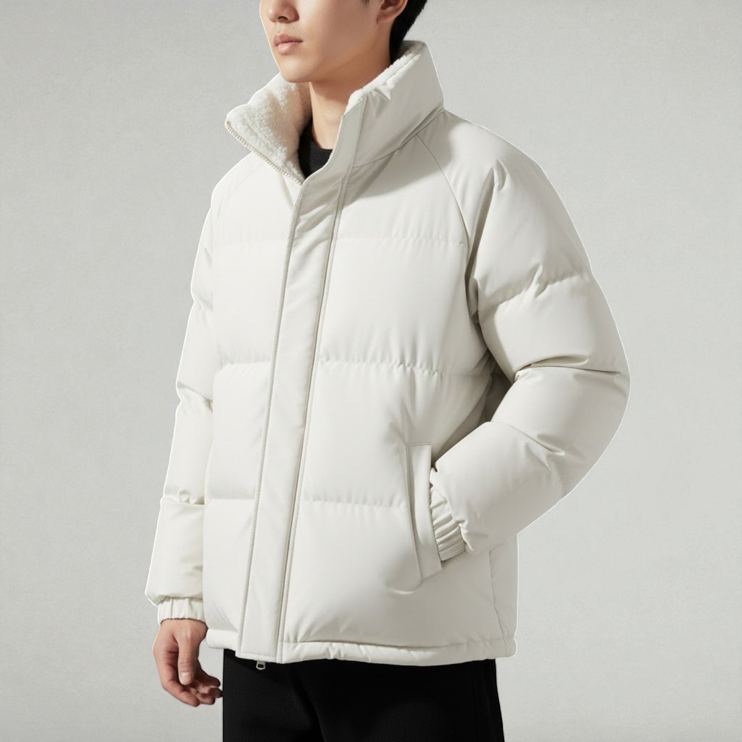 Men's black quilted puffer jacket relaxed fit with fleece-lined stand collar warm outerwear