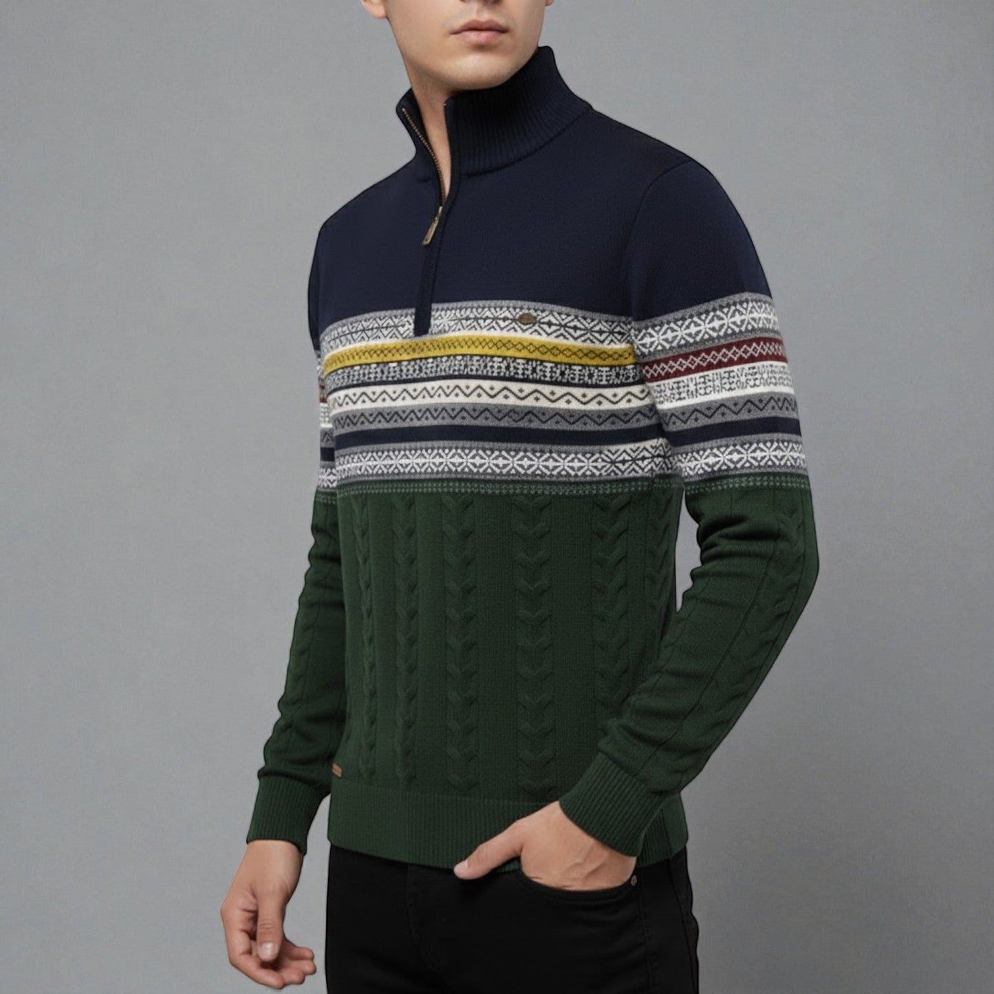 Men's cotton winter sweater navy retro knit pattern stand-up collar cozy cold weather layering