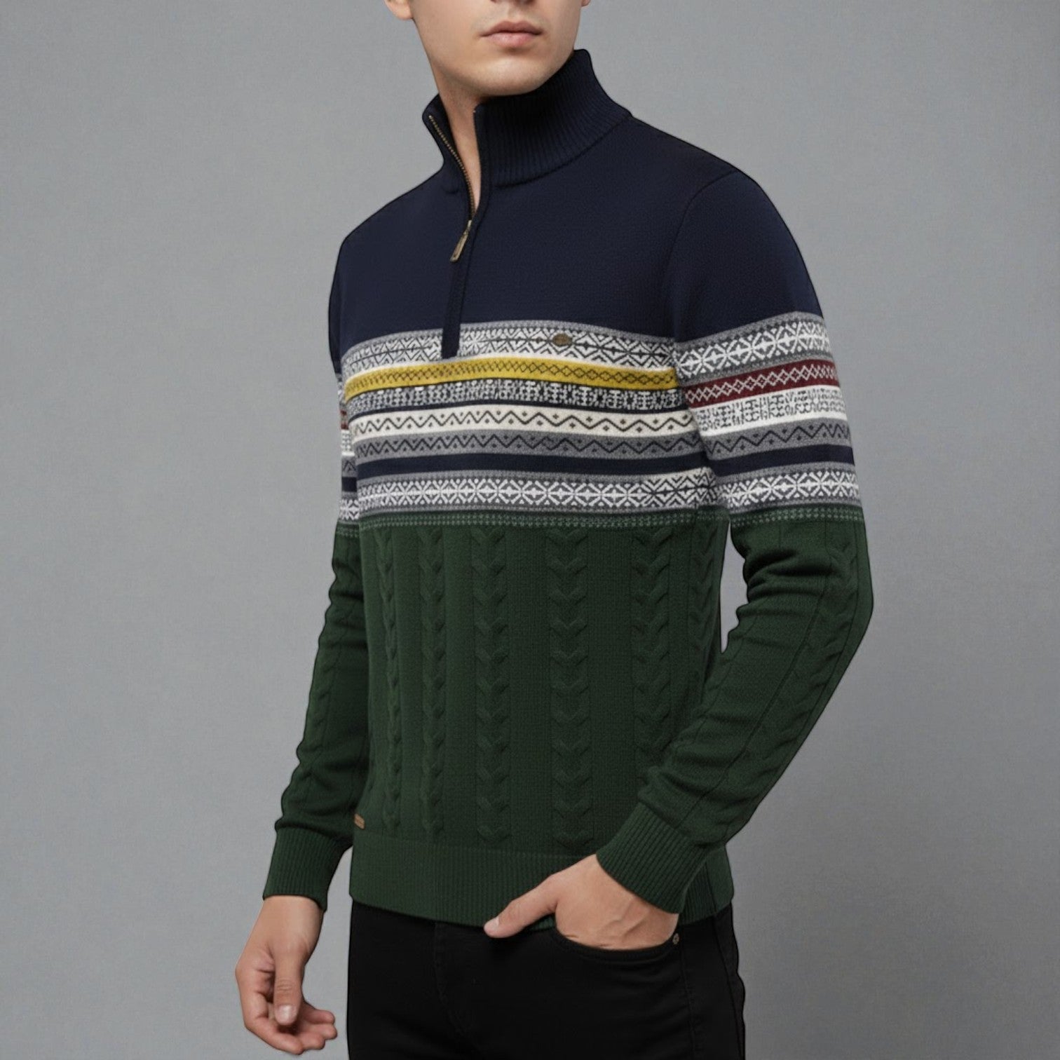 Men's cotton winter sweater navy retro knit pattern stand-up collar cozy cold weather layering