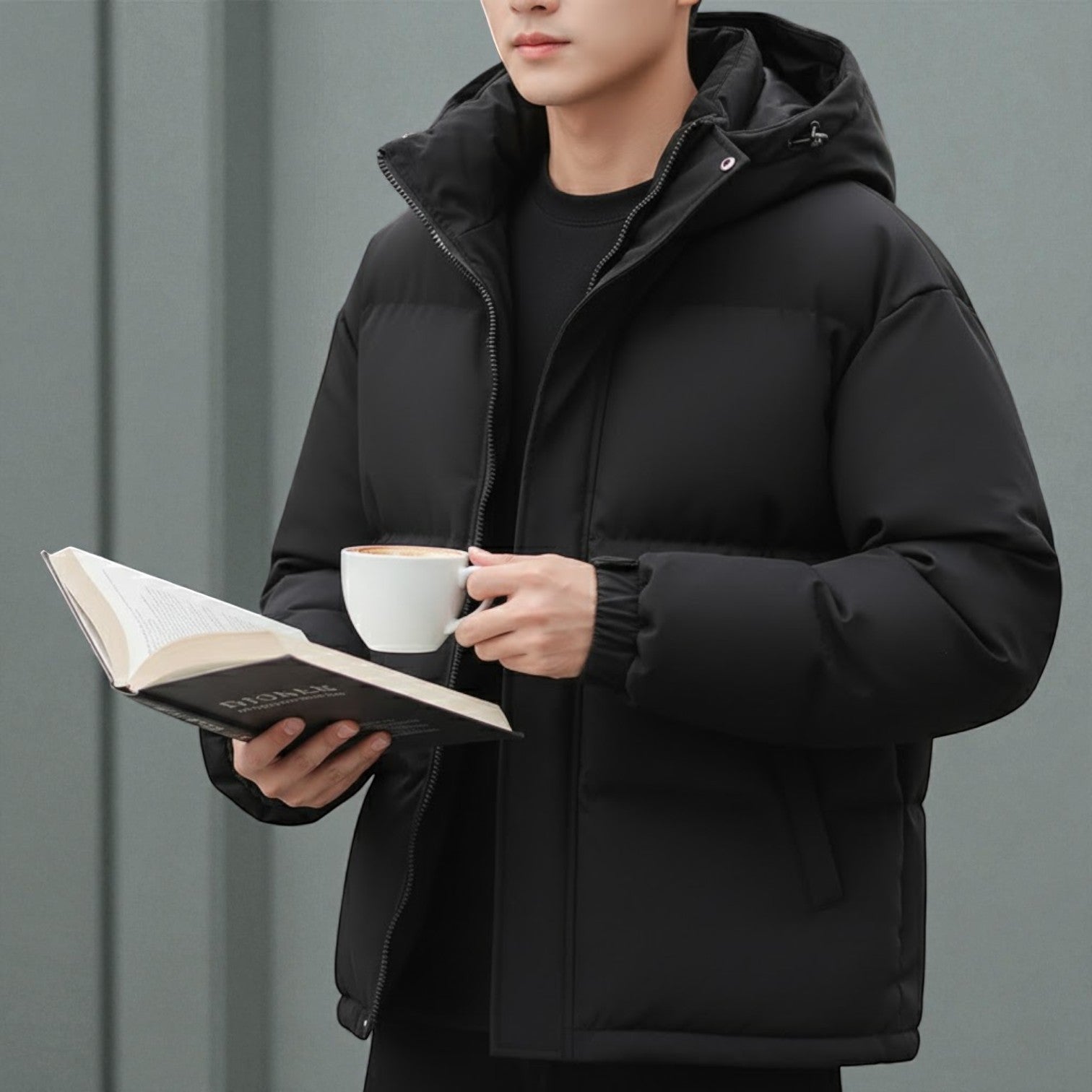 Men's cotton puffer jacket with integrated hood, thick insulation, modern fit for cold weather