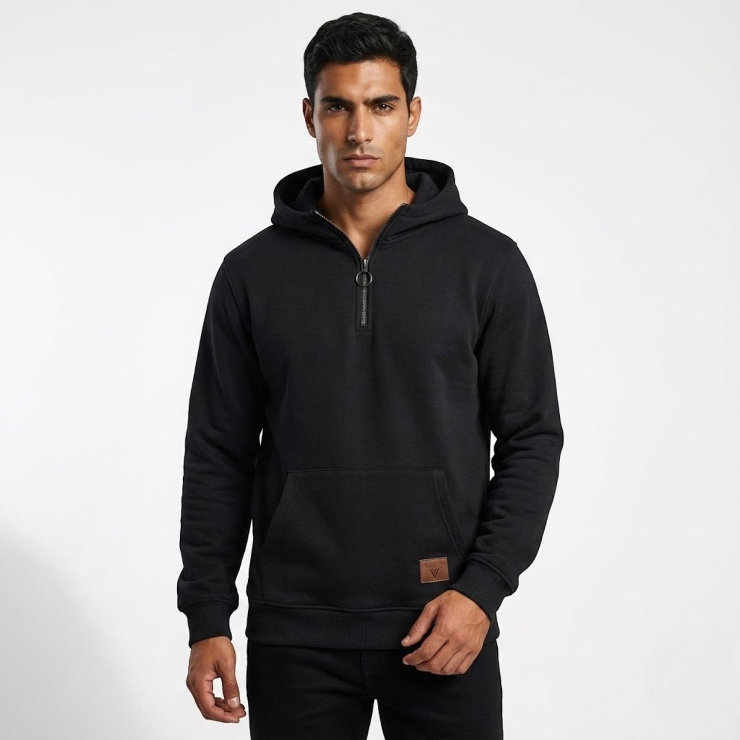 Men's regular fit cotton full-zip hoodie in neutral winter tone, slightly loose for easy everyday layering
