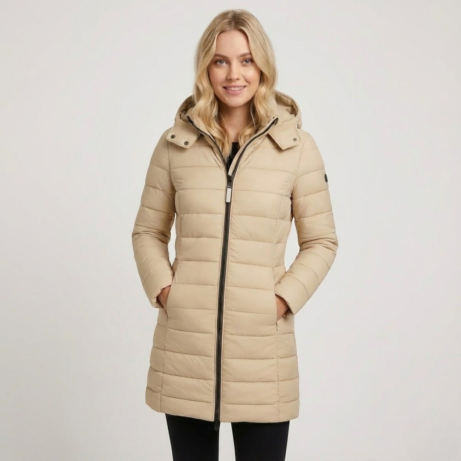 Women's cotton quilted puffer coat elegant long silhouette lightweight insulation city winter wear