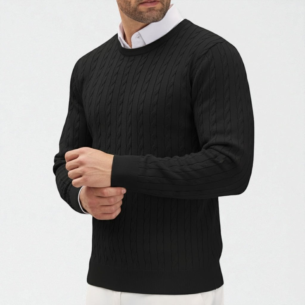 Men's cream cable knit sweater classic cozy fit with textured pattern for cold weather warmth