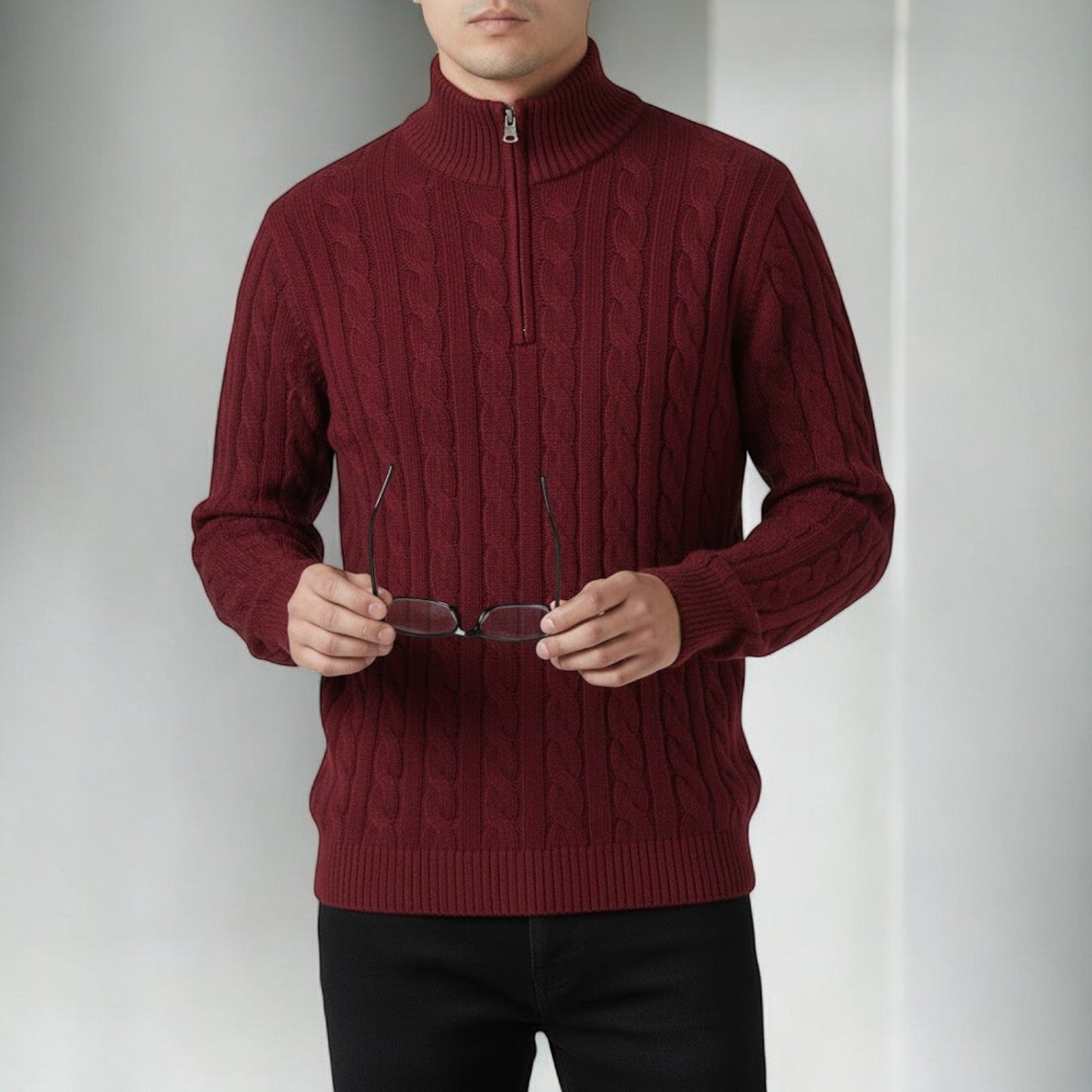 Men's cotton cable knit half-zip sweater in cozy winter style with textured knit pattern