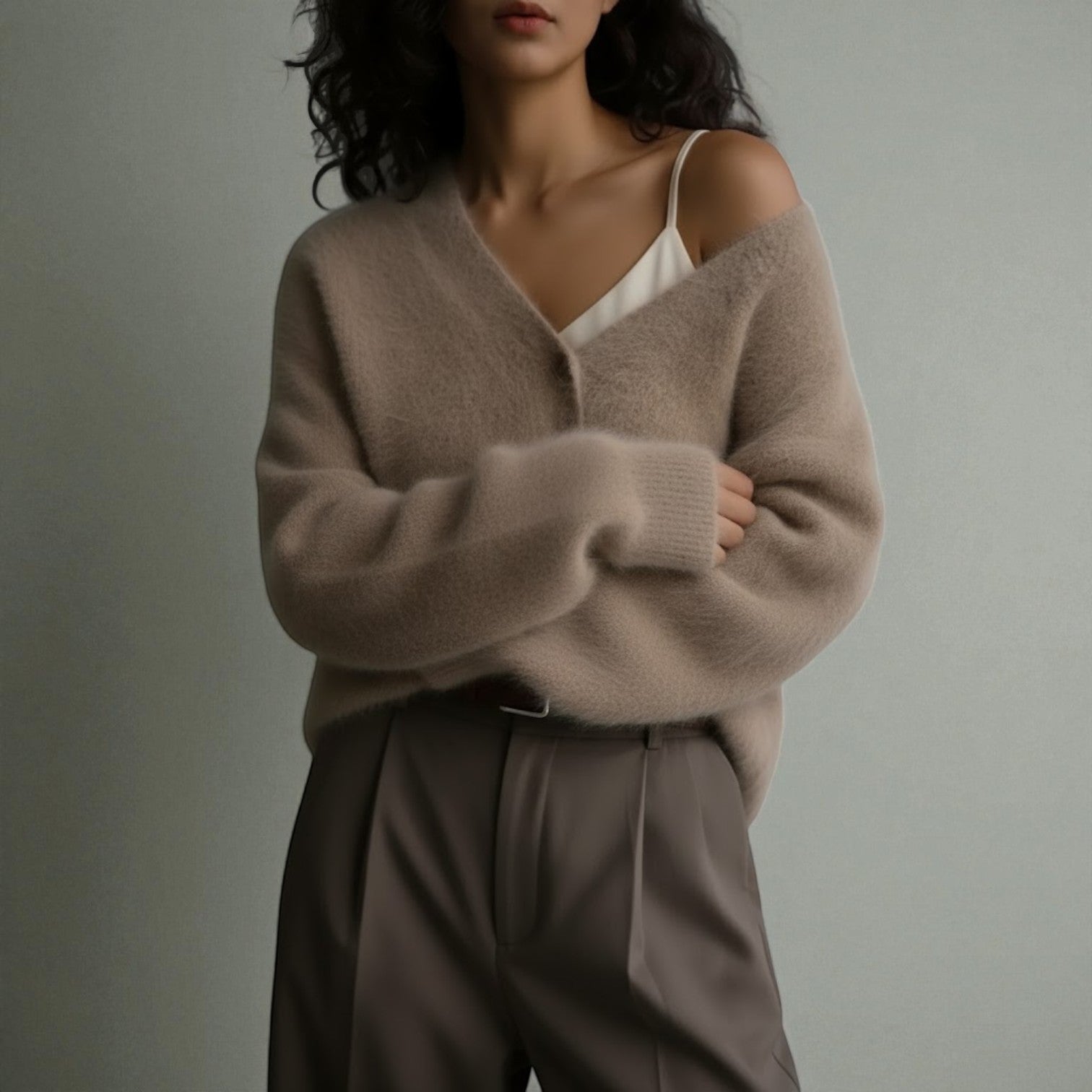 Women's soft knit sweater V-neck relaxed fit feminine silhouette cozy winter warmth