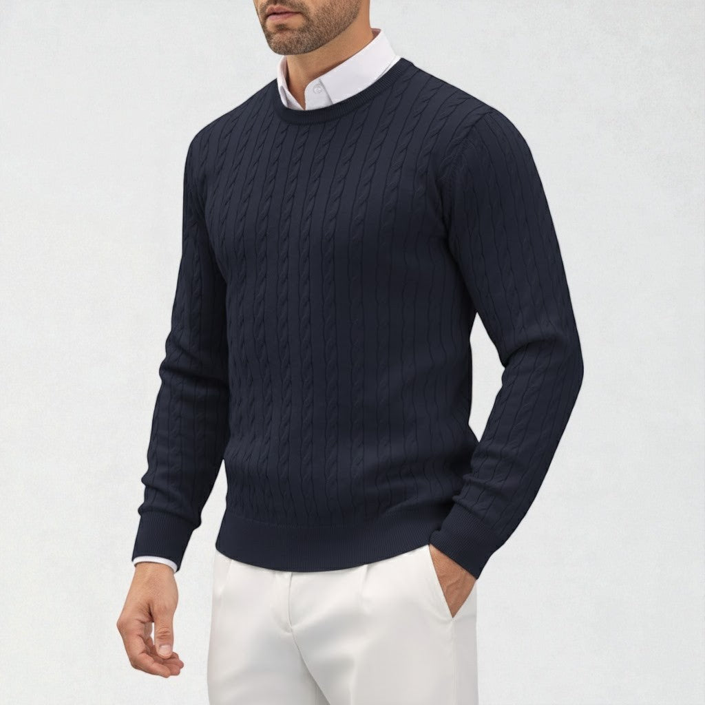 Men's cream cable knit sweater with textured pattern, classic fit, and cozy cold-weather layering style