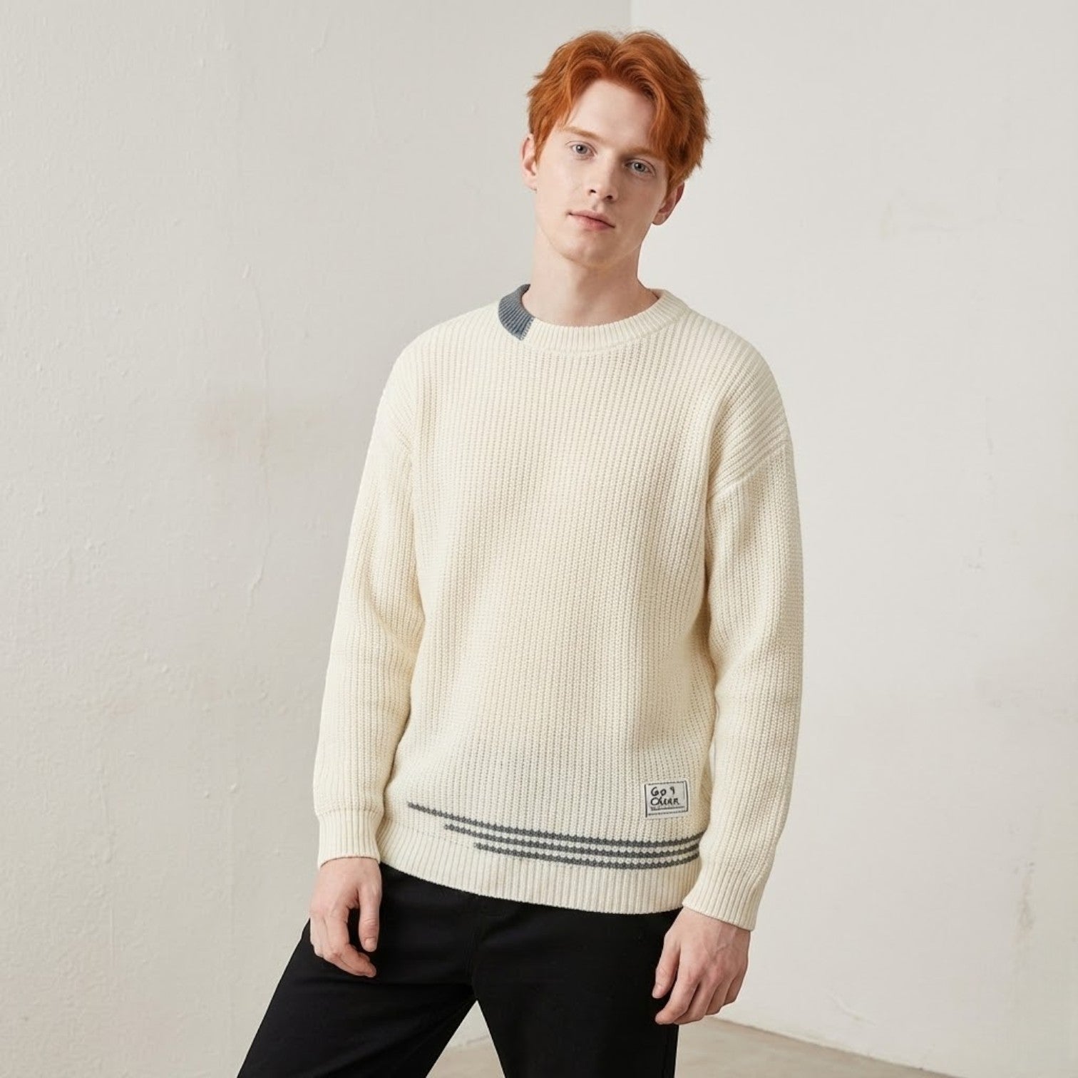 Men's relaxed-fit cotton knit sweater with distinct textured pattern for casual winter style
