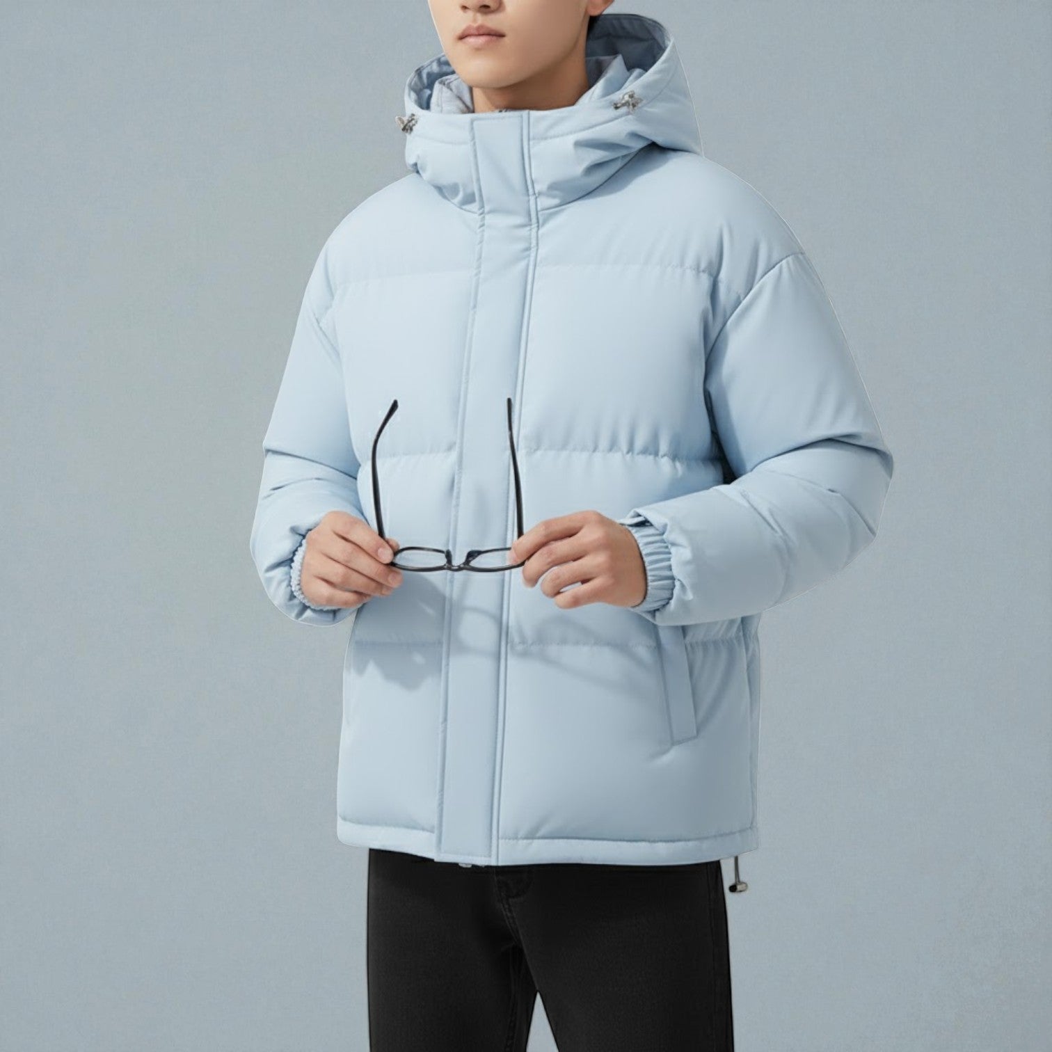 Men's cotton puffer jacket with integrated hood, thick insulation, clean modern silhouette for cold weather