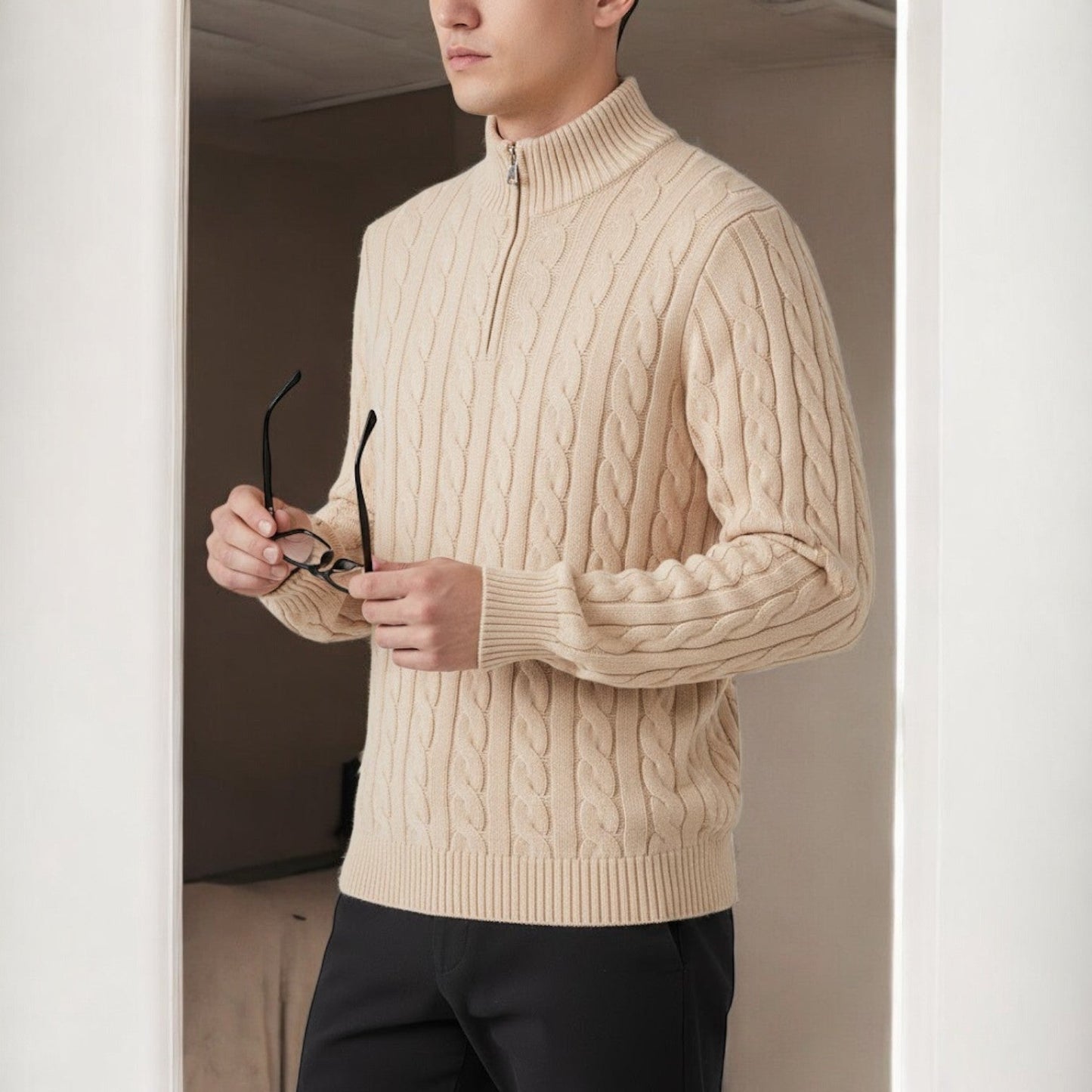 Men's cotton cable knit half-zip sweater in classic neutral tone with textured pattern for winter warmth