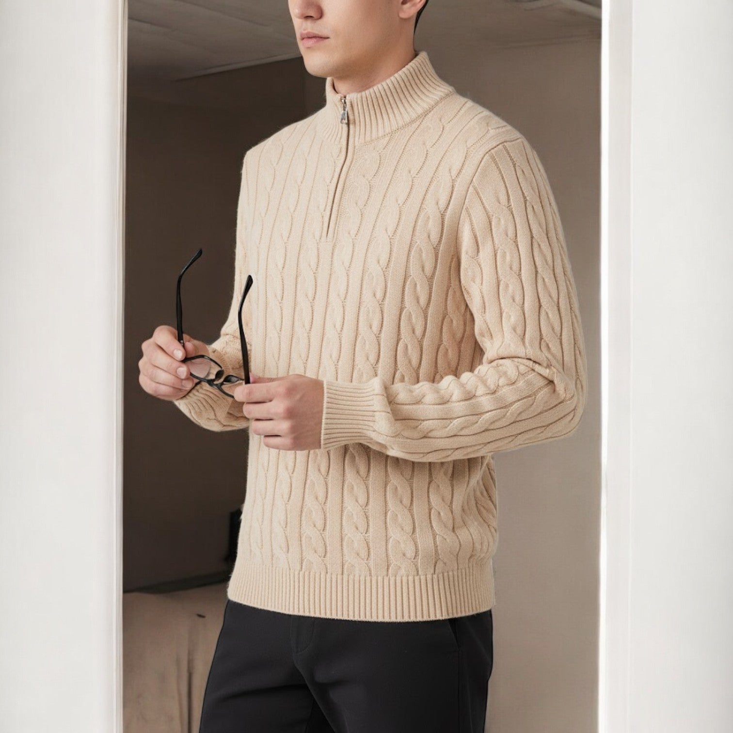 Men's cotton cable knit half-zip sweater in classic neutral tone with textured pattern for winter warmth