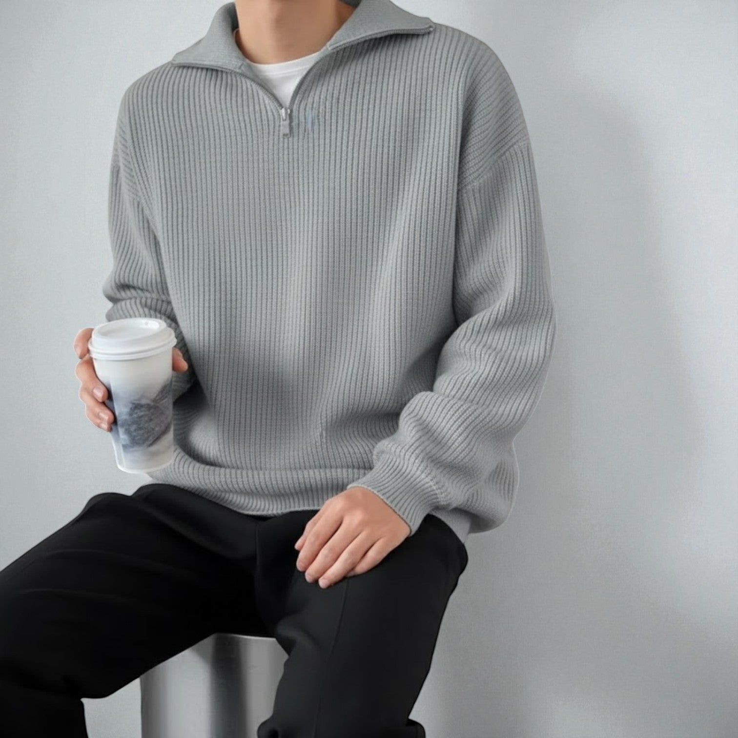 Sandro men's wool winter sweater, modern quarter-zip cut with textured knit pattern
