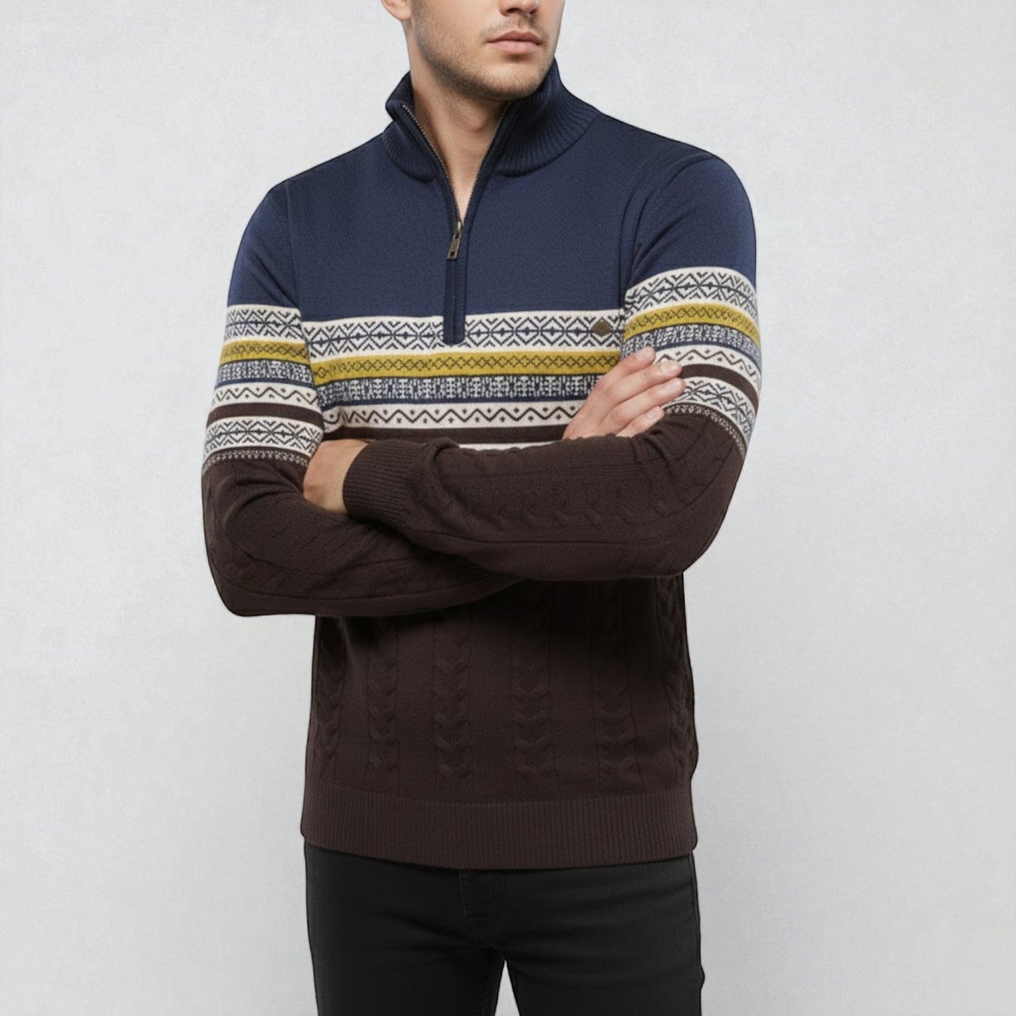 Men's cotton winter sweater stand-up collar retro knit pattern cozy warmth cold weather
