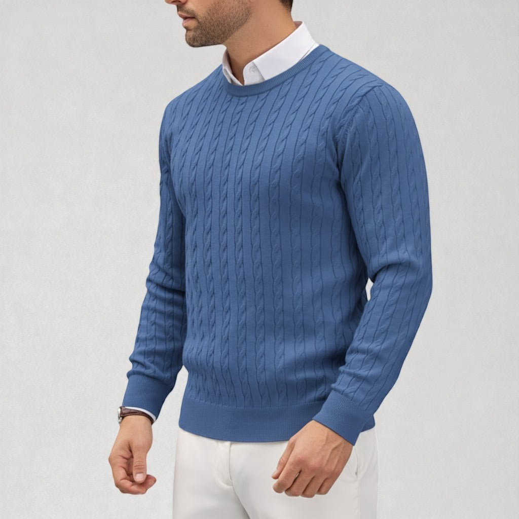 Men's cream cable knit sweater with textured pattern, classic fit, designed for warmth and shape retention