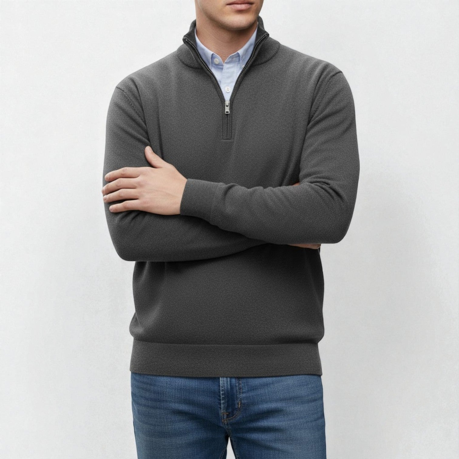 Men's navy blue half-zip cotton knit pullover with clean modern silhouette for casual office style