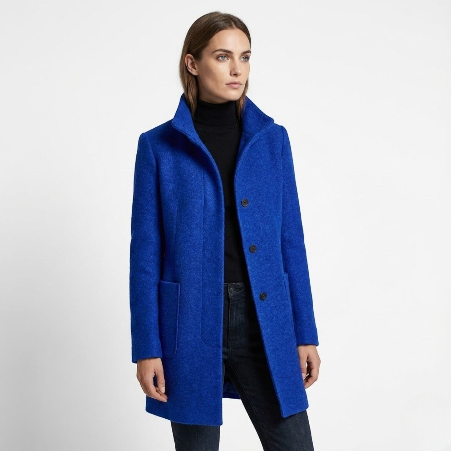 Women's long wool coat elegant structured silhouette polished modern cut for cold winter days