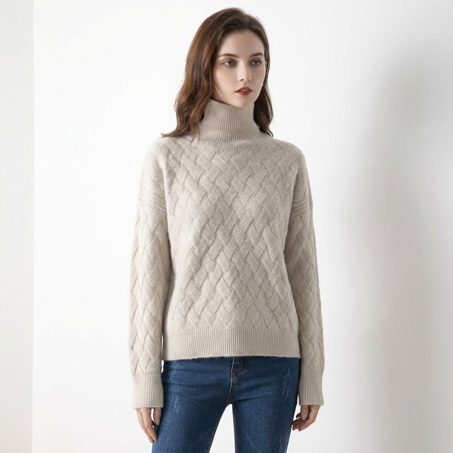 Women's wool cable knit sweater relaxed draped fit soft texture fine pattern winter wardrobe