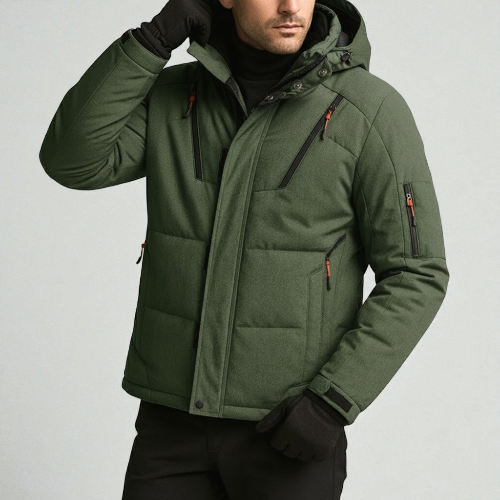 Men's wool blend winter jacket in neutral tone, slim modern cut with insulated lining for cold weather