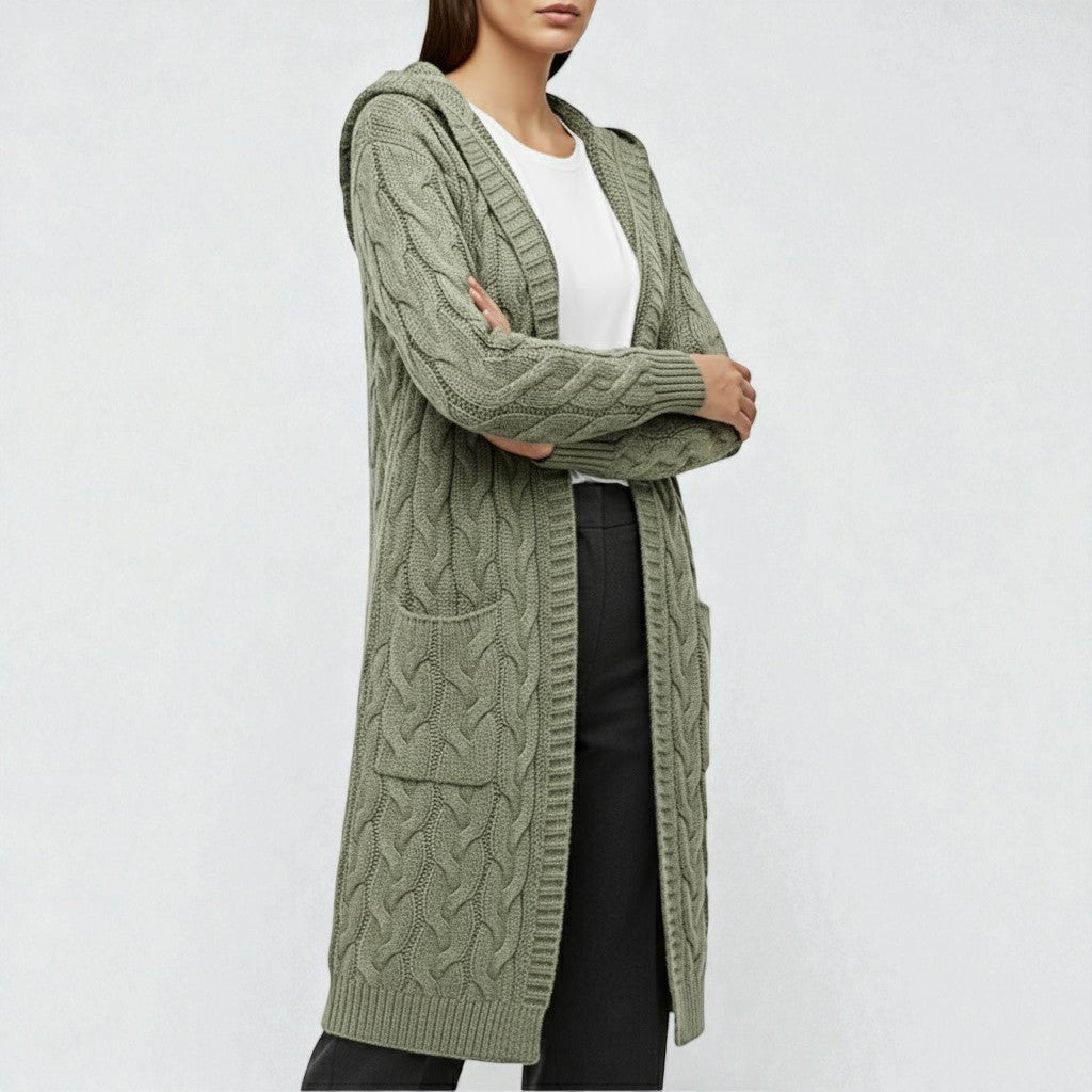 Women's cable knit long open-front cardigan in neutral tone with timeless textured pattern
